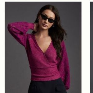 By Anthropologie Lace Sleeve Top in Plum